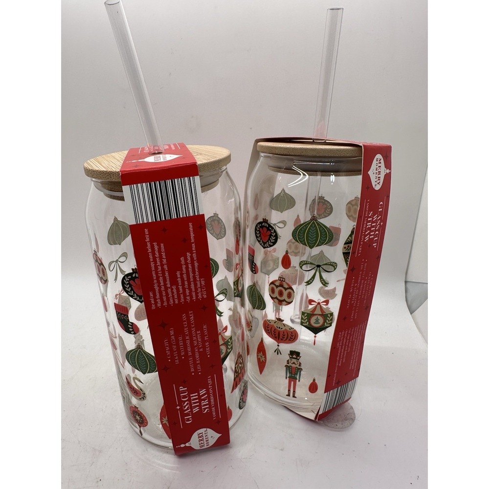 Set of 2 Christmas‎ Glass Cups With Straw Bamboo Lid 18.6oz Tumblers